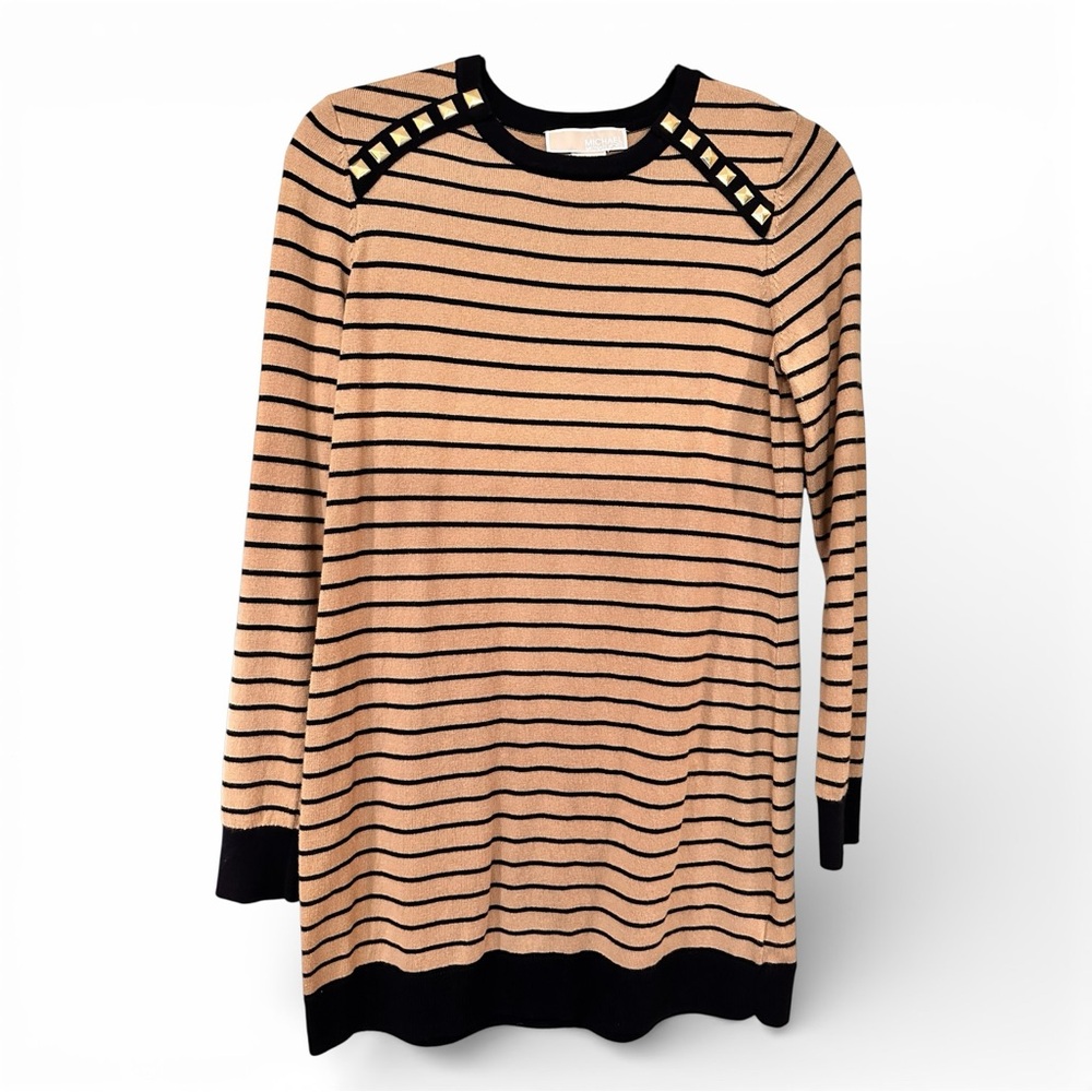 Michael Kors Striped Studded Shoulder Tunic Top Tan Black Lightweight Knit -Med